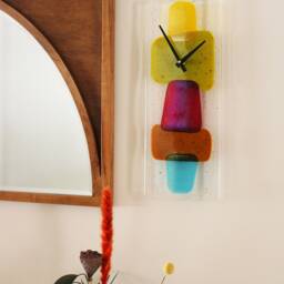 Mid Mod Fused Glass Wall Clock, Mid-Century Inspired Timepiece, Colorful Decor - thumbnail 3