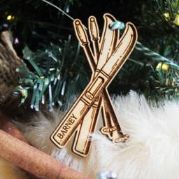 Personalised Skiing Christmas Ornament Skis Winter Sports Fan Snow Gift Custom Bauble Engraved Rustic Wooden Tree Decoration - thumbnail 4