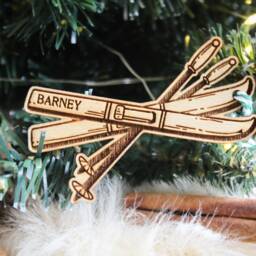 Personalised Skiing Christmas Ornament Skis Winter Sports Fan Snow Gift Custom Bauble Engraved Rustic Wooden Tree Decoration - thumbnail 2