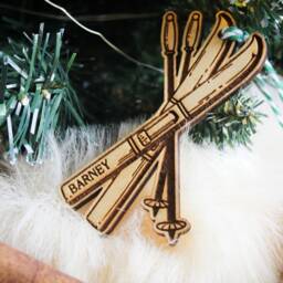 Personalised Skiing Christmas Ornament Skis Winter Sports Fan Snow Gift Custom Bauble Engraved Rustic Wooden Tree Decoration - thumbnail 3