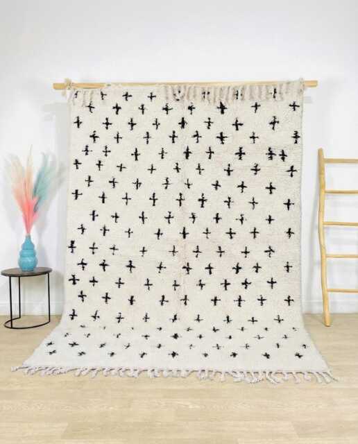 Traditional Cross Pattern Moroccan Rug - Black White Berber Wool Large Shag Area Minimalist Tribal Decor - image 1