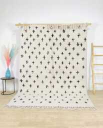 Traditional Cross Pattern Moroccan Rug - Black White Berber Wool Large Shag Area Minimalist Tribal Decor - thumbnail 1