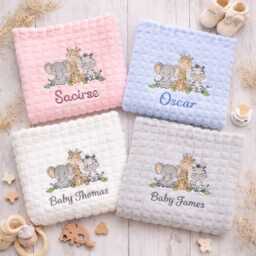 Personalised Safari Baby Blanket - Soft Embroidered Newborn Gift 75cm X 100cm