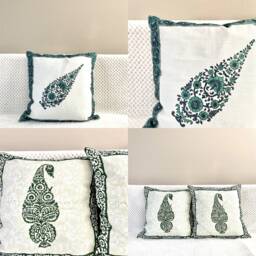 Cushion/Throw Pillow Case Covers, Block Print Soft Cotton, Floral, 16 X 16 Inches.green, Teal, Paisley, Blue, White, Accent Cushion, Floor Pillow