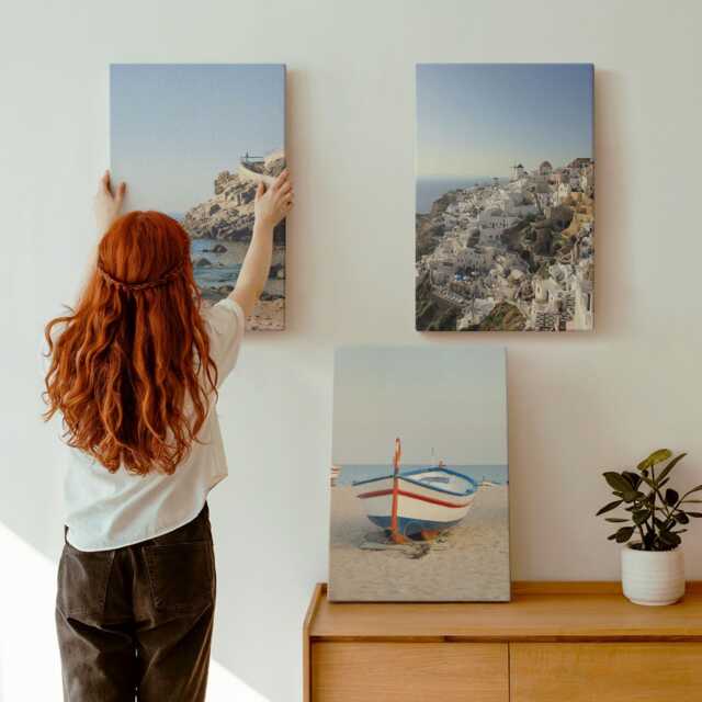 Canvas Art Set Of 3 - Seaside Views With Boat & White Houses Greece, Blue Large Wall Art, Landscapes Hanging Piece - image 1