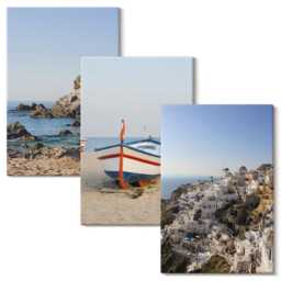 Canvas Art Set Of 3 - Seaside Views With Boat & White Houses Greece, Blue Large Wall Art, Landscapes Hanging Piece - thumbnail 2