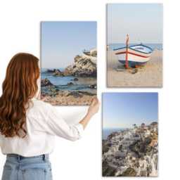 Canvas Art Set Of 3 - Seaside Views With Boat & White Houses Greece, Blue Large Wall Art, Landscapes Hanging Piece - thumbnail 3