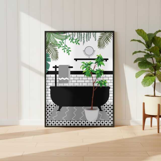 Botanical Bath Art Print. Grey Maximalist Bathroom Poster. Colourful Toilet Home Decor - image 1