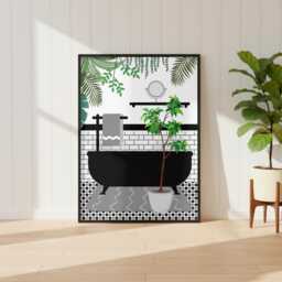 Botanical Bath Art Print. Grey Maximalist Bathroom Poster. Colourful Toilet Home Decor - thumbnail 1