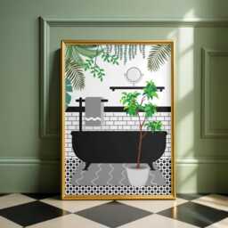 Botanical Bath Art Print. Grey Maximalist Bathroom Poster. Colourful Toilet Home Decor - thumbnail 2