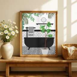 Botanical Bath Art Print. Grey Maximalist Bathroom Poster. Colourful Toilet Home Decor - thumbnail 3