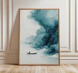 Minimalist Landscape Wall Art, Serene Boat & Mist Poster, Modern Abstract Blue Cloud Print For Living Room Decor - thumbnail 1