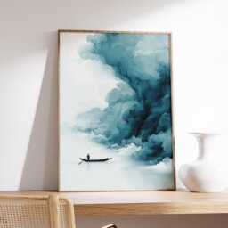 Minimalist Landscape Wall Art, Serene Boat & Mist Poster, Modern Abstract Blue Cloud Print For Living Room Decor - thumbnail 2