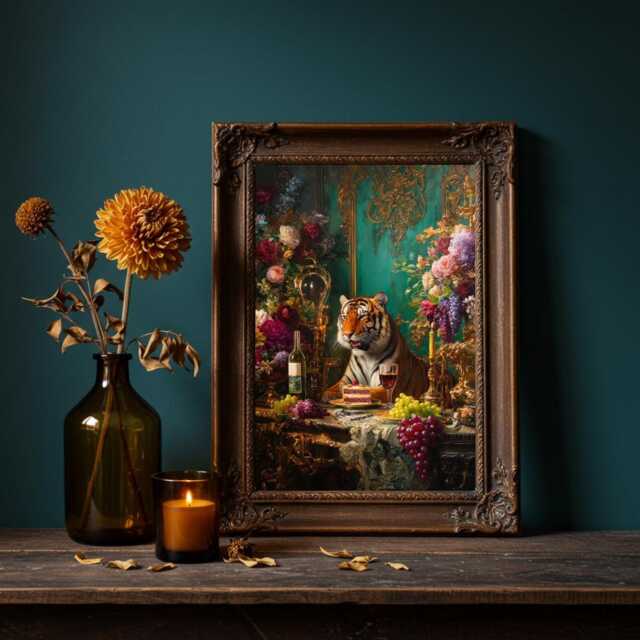 Tiger Banquet Wall Art Print - Maximalist Animal Dining Artwork Baroque Feast Jungle Decor Quirky Kitchen & Room - image 1