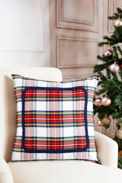 White Stewart Plaid Pillow Cover With Braided Trim, Farmhouse Cover, Tartan Sham, White Decorative - image 1