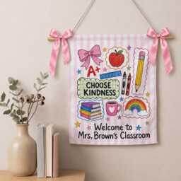 Custom Gingham Classroom Pennant, Pink Teacher Wall Hanging With Ribbon
