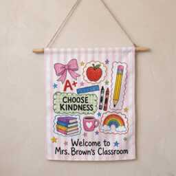 Custom Gingham Classroom Pennant, Pink Teacher Wall Hanging With Ribbon - thumbnail 3