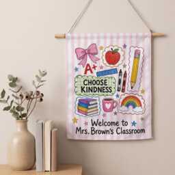 Custom Gingham Classroom Pennant, Pink Teacher Wall Hanging With Ribbon - thumbnail 2