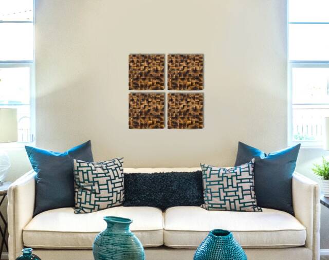 Set Of 4 Wooden Mosaic Wall Art Burn Wood Rustic Decor - image 1