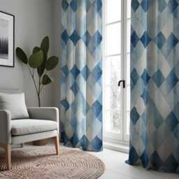 Blue Geometric Check Curtains, Watercolor Abstract Pattern Drapes, Modern Coastal Style Window Panels - thumbnail 4