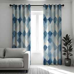 Blue Geometric Check Curtains, Watercolor Abstract Pattern Drapes, Modern Coastal Style Window Panels - thumbnail 2