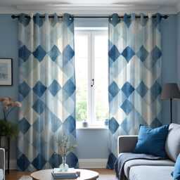 Blue Geometric Check Curtains, Watercolor Abstract Pattern Drapes, Modern Coastal Style Window Panels - thumbnail 1