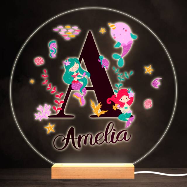 Sealife With Mermaids Alphabet Letter A Round Personalised Gift Lamp Night Light - Bedroom - image 1