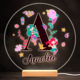 Sealife With Mermaids Alphabet Letter A Round Personalised Gift Lamp Night Light - Bedroom