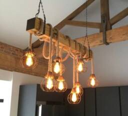 stunning Rustic Solid Reclaimed Wooden Beam Ceiling Light Compete With Rope Pendants & Black Cages, Suspended By Chain Metal Hooks