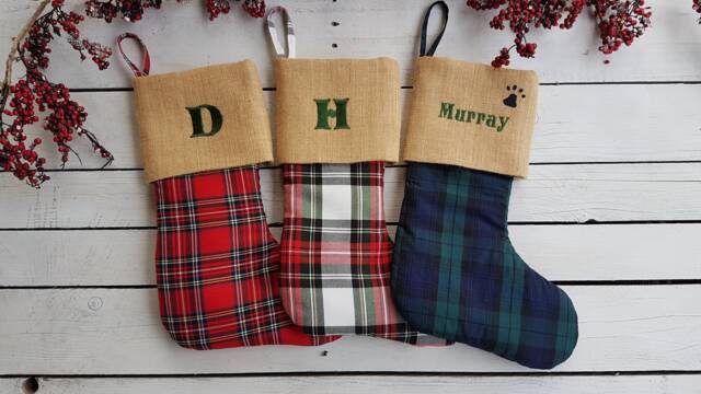 Plaid Christmas Stockings, Family Tartan Burlap Cuff Stockings - image 1