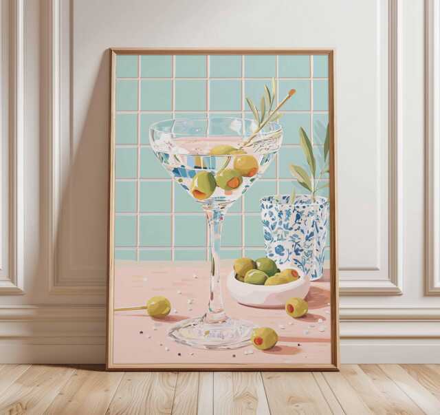 Martini Cocktail Art Print, Modern Bar Wall Art, Olive Drink Poster, Colorful Kitchen Decor, Lover Gift, Retro Style Artwork - image 1