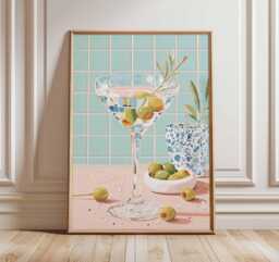 Martini Cocktail Art Print, Modern Bar Wall Art, Olive Drink Poster, Colorful Kitchen Decor, Lover Gift, Retro Style Artwork - thumbnail 1