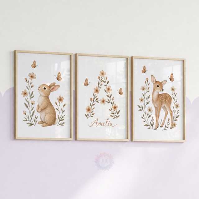 Woodland Nursery Wall Art - Girls Personalised Print Set Of 3, Boho Wildflower Bedroom Prints - image 1