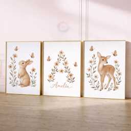 Woodland Nursery Wall Art - Girls Personalised Print Set Of 3, Boho Wildflower Bedroom Prints - thumbnail 2