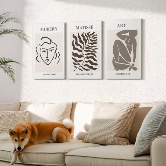 Canvas Set Of 3 Wall Art - Stylish Graphics With Lines & Figures in Neutral Colors, Beige Large Art, Artwork Hanging Piece - image 1
