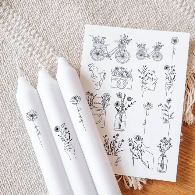 Candle Tattoos Various Motifs - Water Slide Film Decorating Candles Sayings Peace Home Moving in -- Lineart - image 1