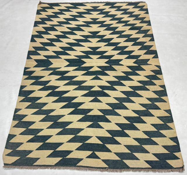 Handwoven Wool Kilim Rug Black Beige Geometric Flatweave - image 1