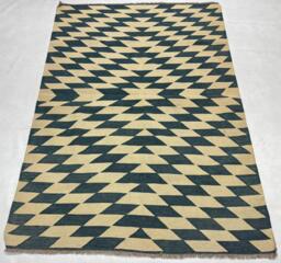 Handwoven Wool Kilim Rug Black Beige Geometric Flatweave - thumbnail 1