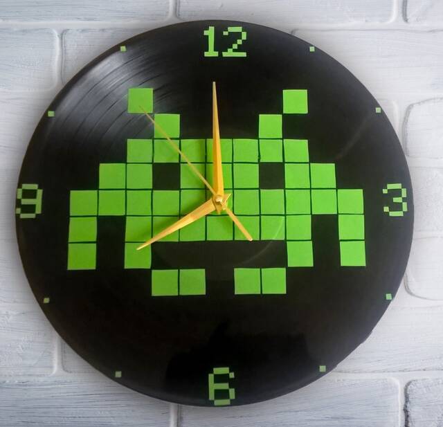 Space Invader Painted Vinyl Record Clock, Wall Clock. Gift For Gamer - image 1