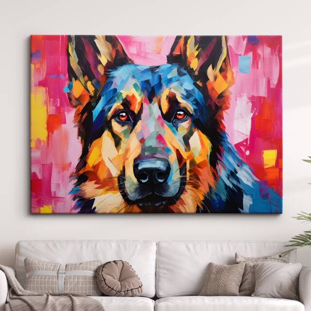 German Shepherd Fun Animal Dog Pet Lover Abstract Oil Painting Wall Art, Framed Canvas Poster Print, Home Kitchen Office Room Decor, Gifts - image 1