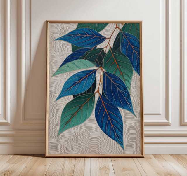 Botanical Leaf Art Print, Japanese Style Nature Poster, Modern Blue Green Wall Art, Minimalist Plant Illustration, Elegant Home Decor - image 1