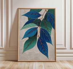 Botanical Leaf Art Print, Japanese Style Nature Poster, Modern Blue Green Wall Art, Minimalist Plant Illustration, Elegant Home Decor - thumbnail 1
