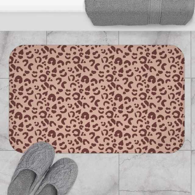 Plush Bath Mat, Leopard Print, Sable Red Blush Pink, Jungle Cats, Safari Decor, Bathroom Rug, Animal Print Home Kids Room, Cheetah - image 1