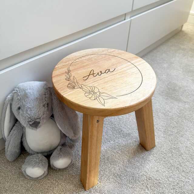 Childrens Personalised Stool - Engraved Stall First Birthday Nursery Decor Kids Chair Wooden Baby Gift - image 1