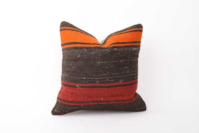 Turkish Kilim Pillow Cover Orange Striped Wool Cushion, 16x16 - image 1