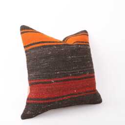 Turkish Kilim Pillow Cover Orange Striped Wool Cushion, 16x16 - thumbnail 2