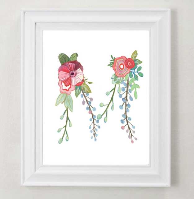 M - Floral Letter Art Print Girls Nursery Decor Decorative Botanical Initial For Baby Or Child's Room Newlywed Gift Wall - image 1