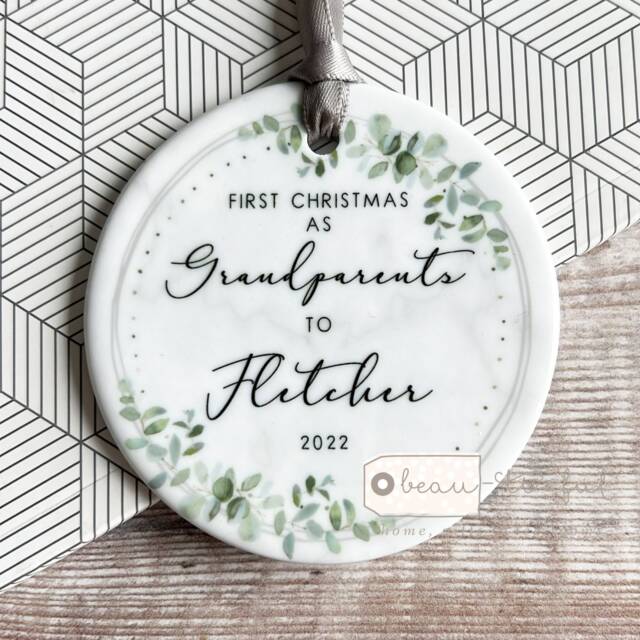 Personalised First Christmas As Grandparents Gift Gran Grandma Nanna New Baby Botanical Greenery Ceramic Or Acrylic Ornament Keepsake