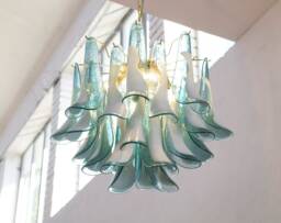 Teal Murano Glass Chandelier, Italian Petali Style Pendant Lamp