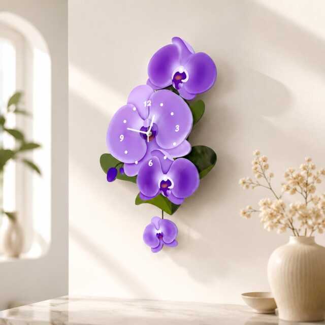Purple Orchid Wall Clock, 3D Floral Botanical Home Decor, Swinging Pendulum Flower - image 1